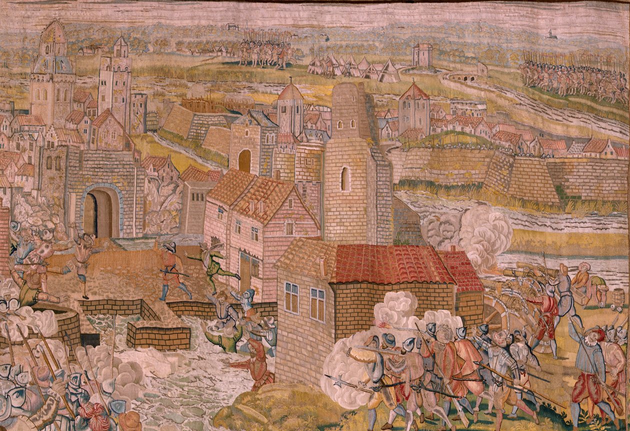 Flämischer Wandteppich. Serie Triumphe und Schlachten von Erzherzog Albrecht. Überraschung bei Calais. Erster Wandteppich der Serie. Modell Otto van Veen und Hans I Snellinck. Herstellung Martin Reynbouts, Brüssel. 1597-1599. Stoff Gold, Silber, Seide. von Otto van Veen