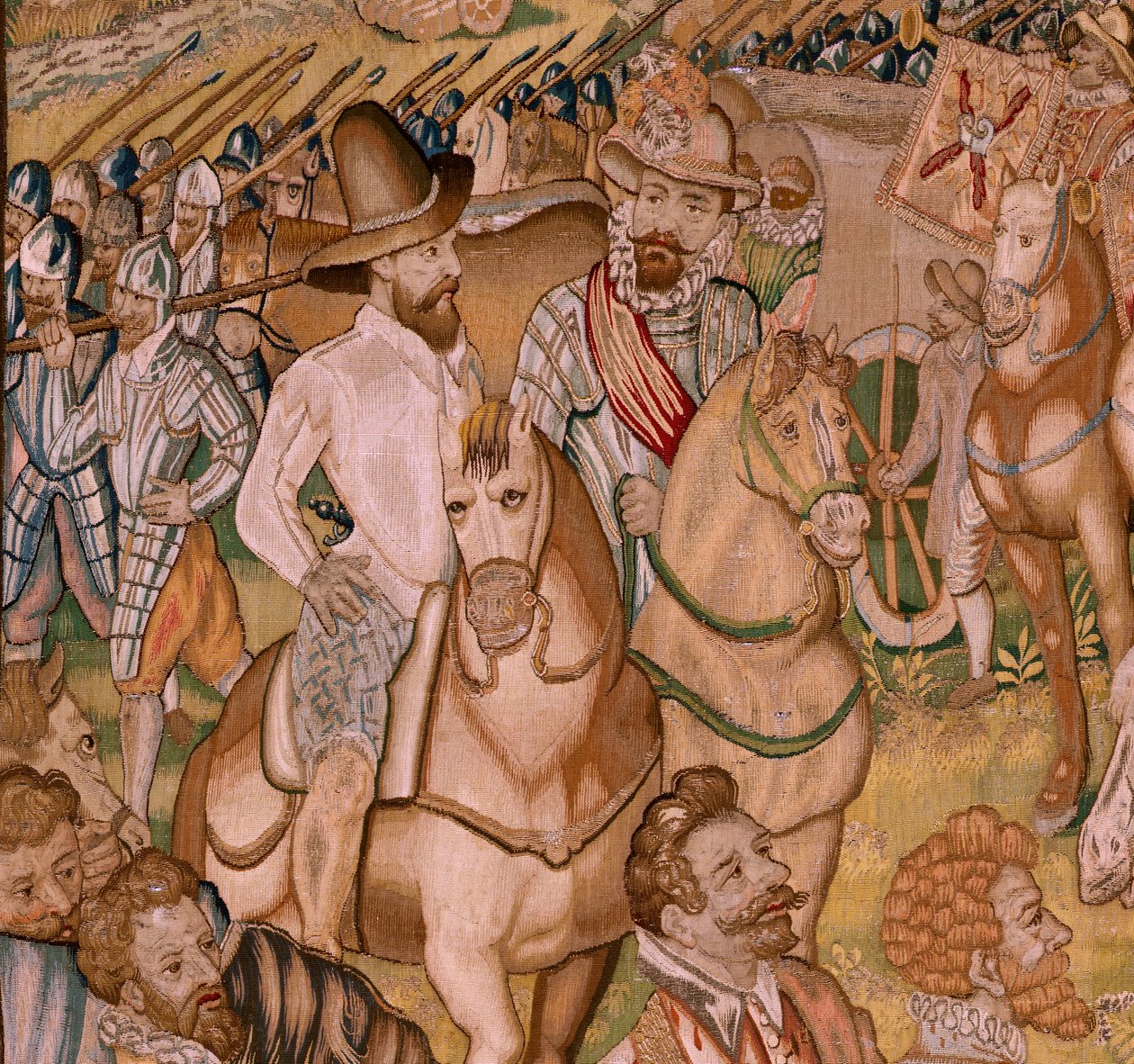 フランダースのタペストリー。 シリーズ 大公アルバートの勝利と戦い。 Ardres の守備隊はフランスに退却します (Retirada a Francia de la Guarnición de Ardrés)。 シリーズ4作目のタペストリー。 モデルのオットー・ヴァン・ヴィーンとハンス・I・スネリンク。 マニュファクチュール マーティン レインボウ 作： オットー・ヴァン・ヴィーン