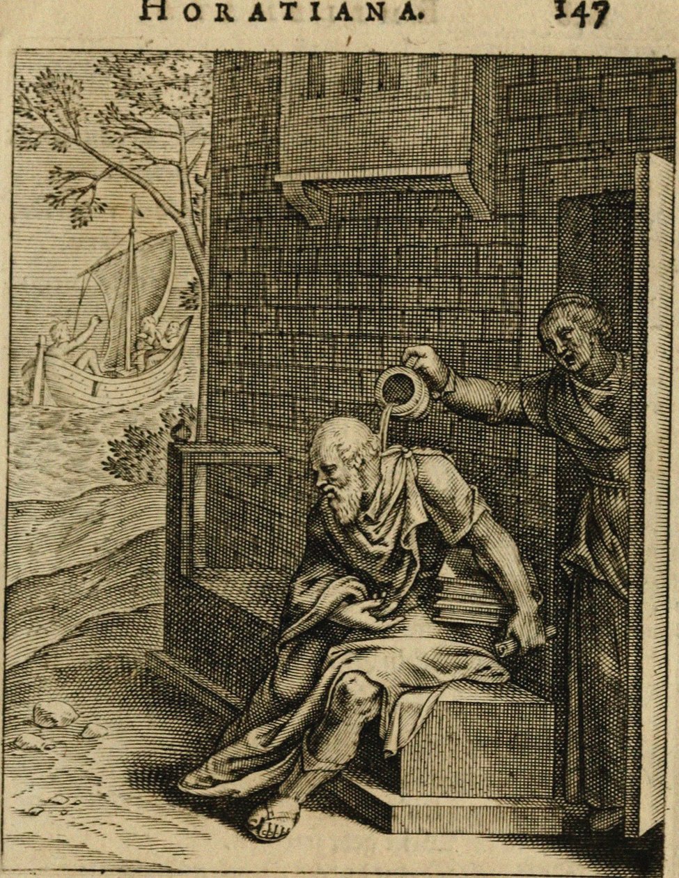 ソクラテスの上のチャンバーポットを空にするXanthippe。 Emblemata Horatianaから、1607年 作： オットー・ヴァン・ヴィーン