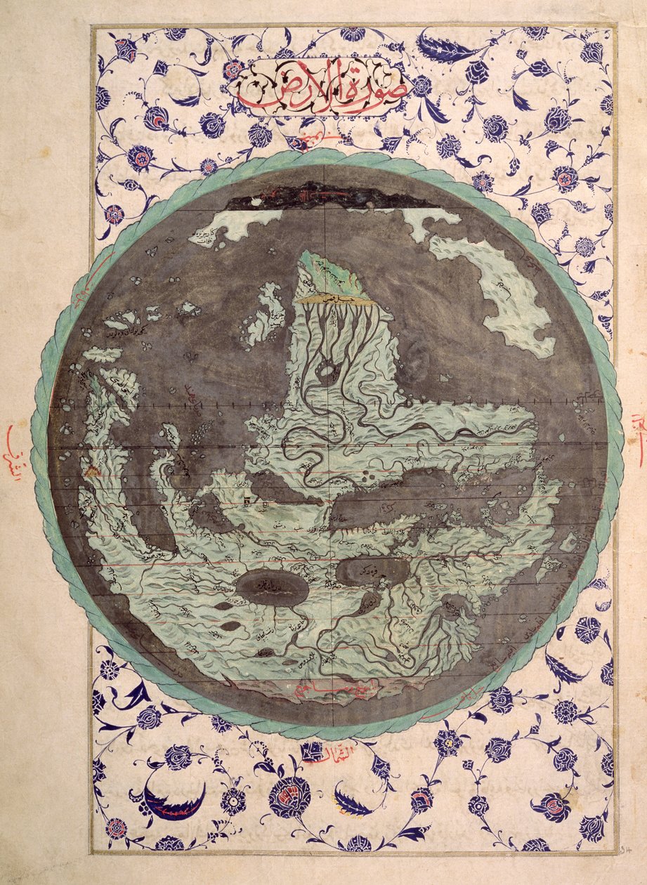 CBL T.414 fol.34a 16世紀後半の歴史のクリームのZubdat al-Tawarikhのコピーからの世界の地図 作： オスマン学校