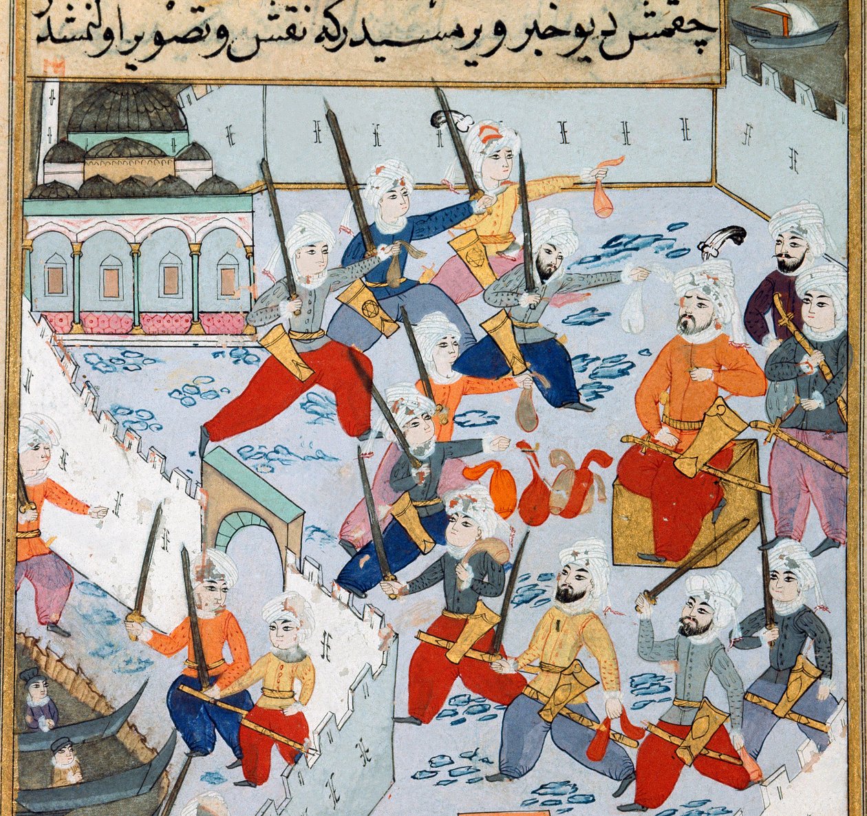 コンスタンティノープルの攻略：オスマン・トルコのスルタン、メフメト2世（征服者メフメト2世またはムハンマド2世ファティ）（1430-1481）の軍が、1453年に金閣寺でコンスタンティノープルの街を包囲したときのこと。15世紀の細密画。トプカプ・サライ博物館 図書館 イスタンブール 作： オスマン学校