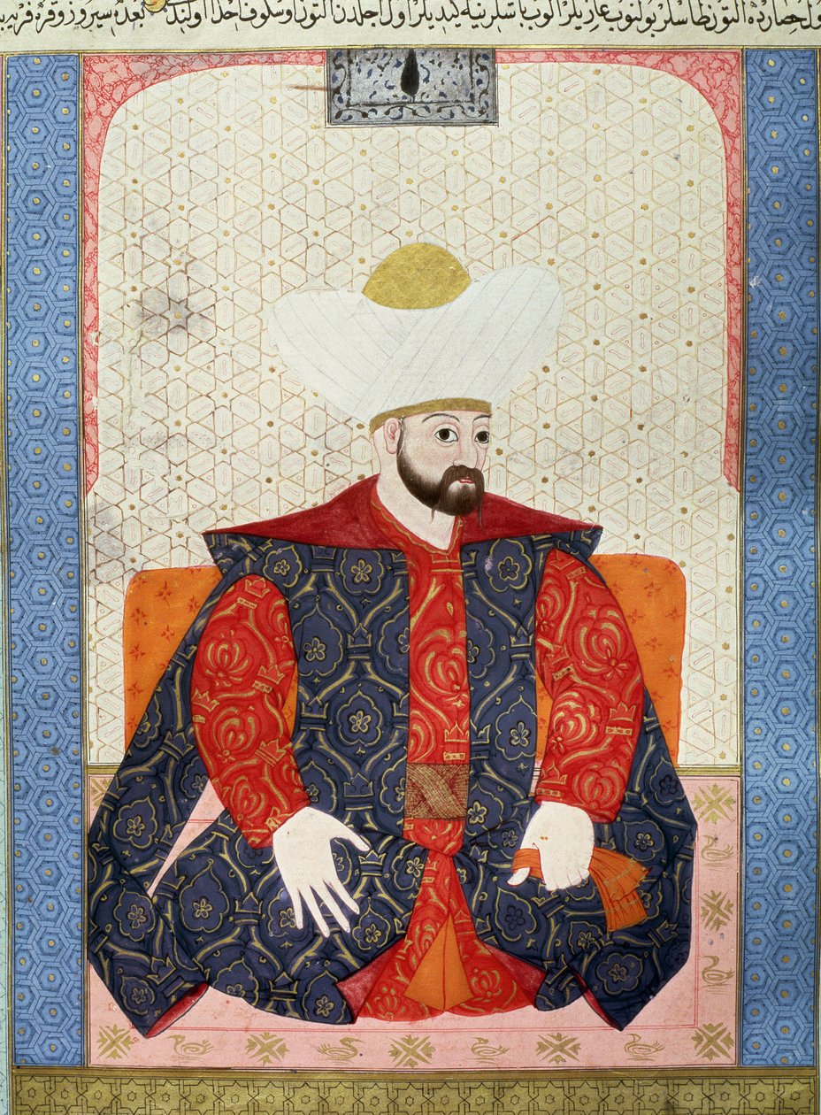 オスマン帝国：「オスマン・スルタン・ムラド1世（1326-1389）の肖像」 歴史学者セイイド・ロクマン・アシュリ1538年の手稿（Ms.1973、フォリオ62a）「Zubdatat-al-Tawarikh」（物語のクリーム）のミニチュア。トルコ・イスラム美術博物館 作： オスマン学校