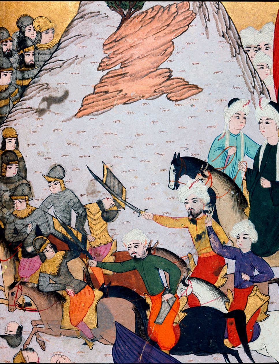 オスマン帝国：1396年9月25日のニコポリスの戦いで、スルタン・バヤズィッド1世（バジャゼット）（1360年～1402年頃）の軍とフランコ・ハンガリー同盟との衝突の様子。15世紀の細密画。トプカプ・サライ博物館 図書館 イスタンブール 作： オスマン学校