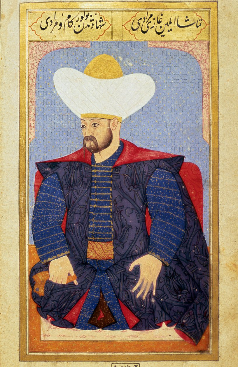 オスマン帝国のスルタン、ムラド1世（1326-1389）の肖像 ミニチュア：Seyyid Lokman Hussein著「Human physiognomy (About personal arrangements of the Ottomans)」の写本より。(Ms. ty6087 folio 27b) 作： オスマン学校