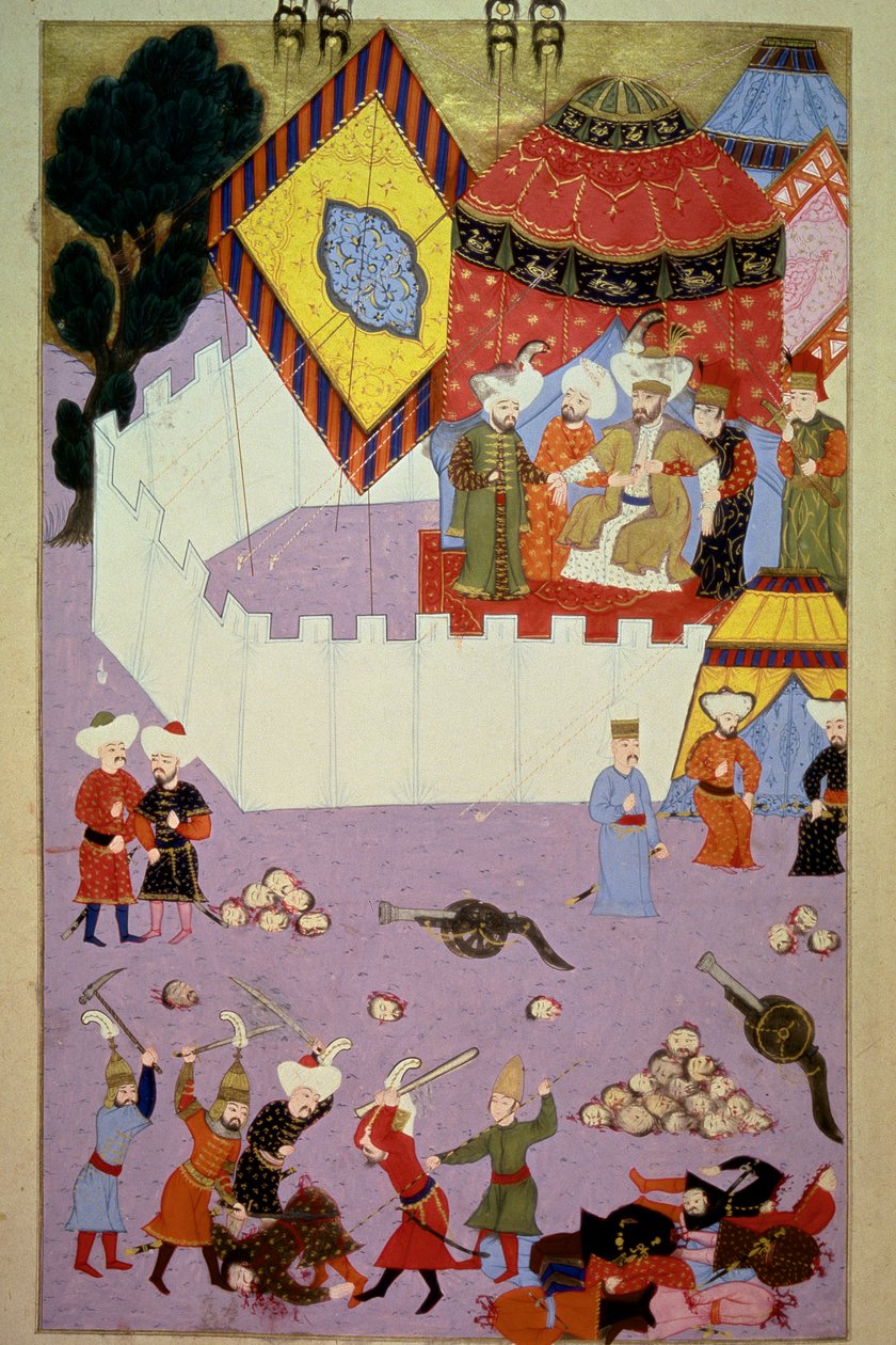 オスマン帝国がセルビア人に勝利した後のコソヴォの戦いで、スルタン・ムラド1世（1326-1389）がセルビア人騎士ミロシュ・オビリッチ（コビリッチまたはコビロヴィッチ）（1389年没）に暗殺された場面 Lokman