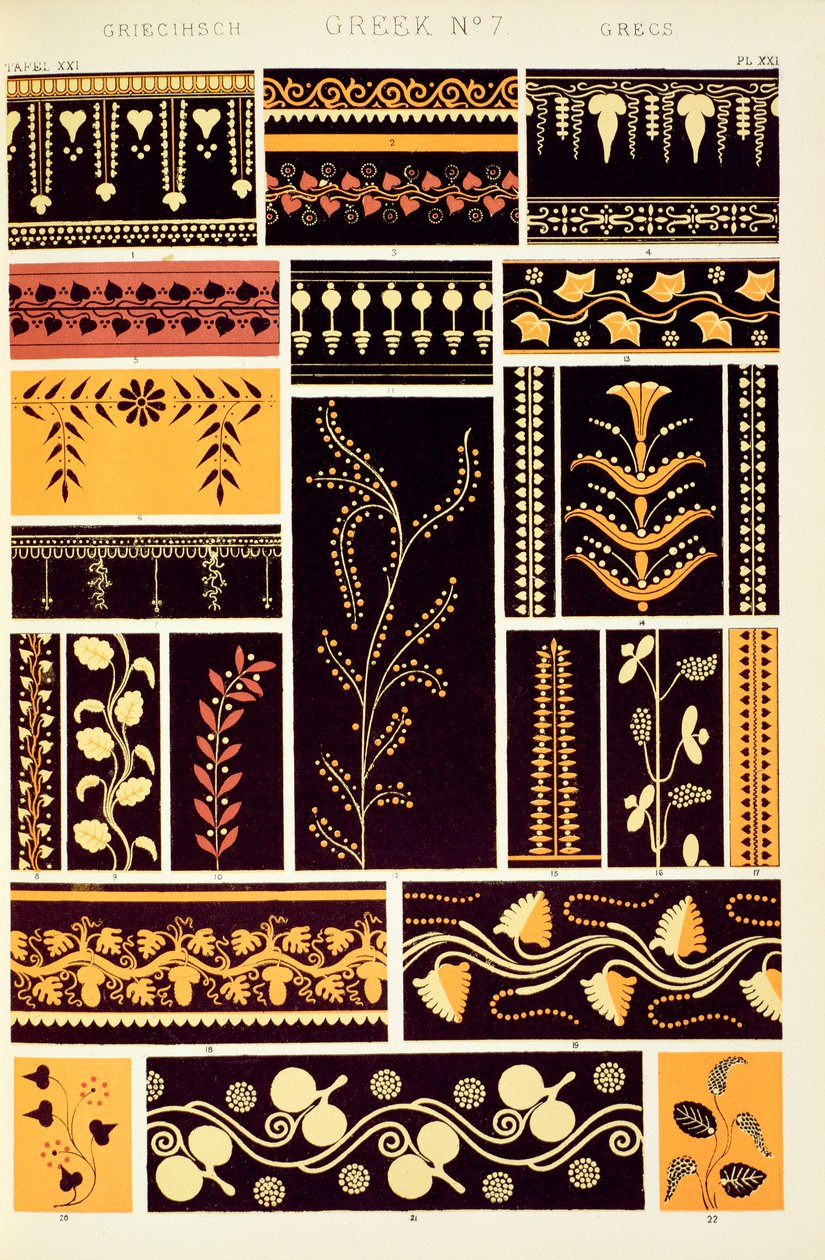 大英博物館のギリシャとエトルリアの花瓶の装飾品、1868年の「装飾品の文法」のIV章、プレートXXIのルーブル 作： オーウェン・ジョーンズ