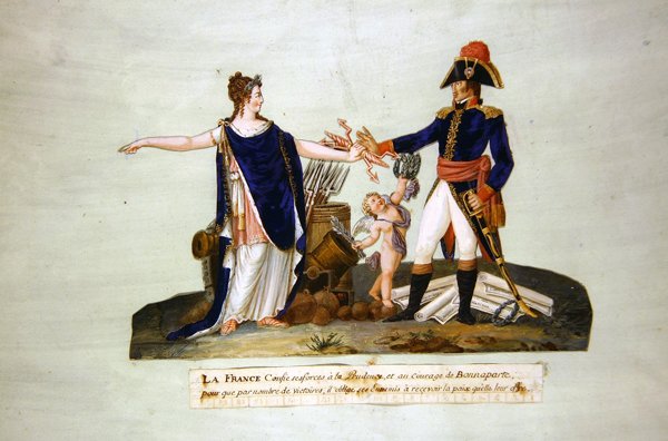 フランスは彼女の部隊をプルーデンスとボナパルトの勇気に委ねている。 c.1800（ガッシュ） 作： PAおよびJBリーダー