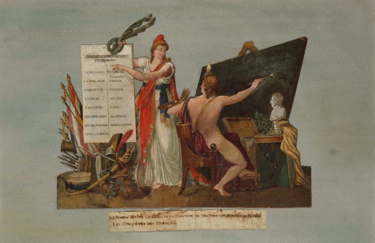 フランスは絵画の天才にフランスの征服と彼女の軍隊の勝利の物語を未来の世代に伝えるために招待します、c.1800（ガッシュ） 作： PAおよびJBリーダー