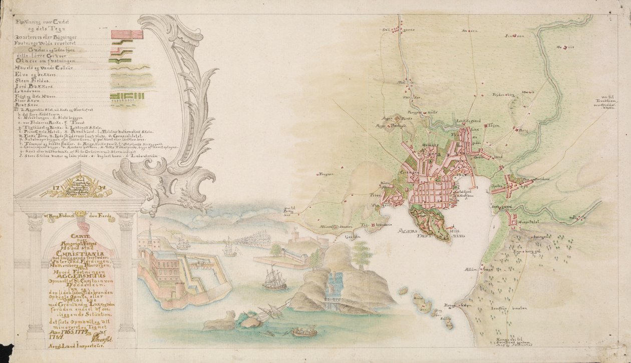 地図は手描き（1784）で公開され、クリスチャニアを示しています 作： P.ストックフレス