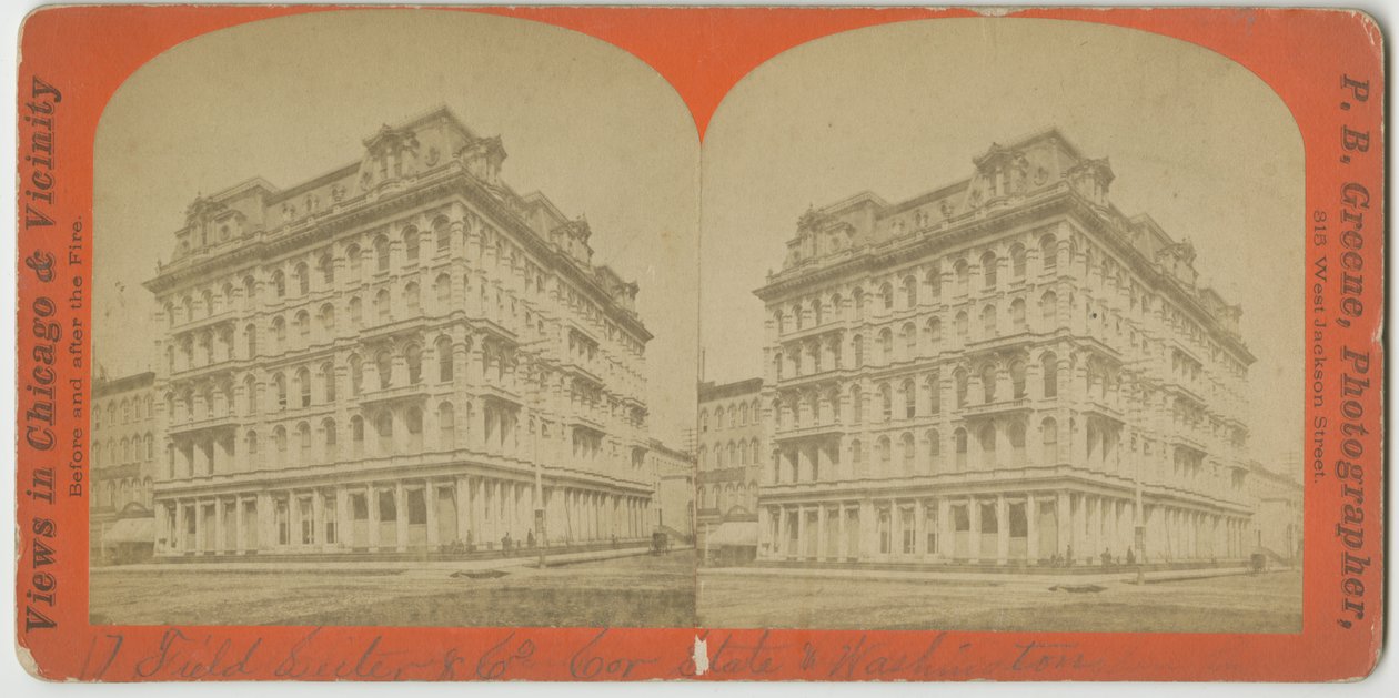 1869年頃、シカゴのステートストリートとワシントンストリートの角にあるフィールドライター＆カンパニーストア 作： PBグリーン