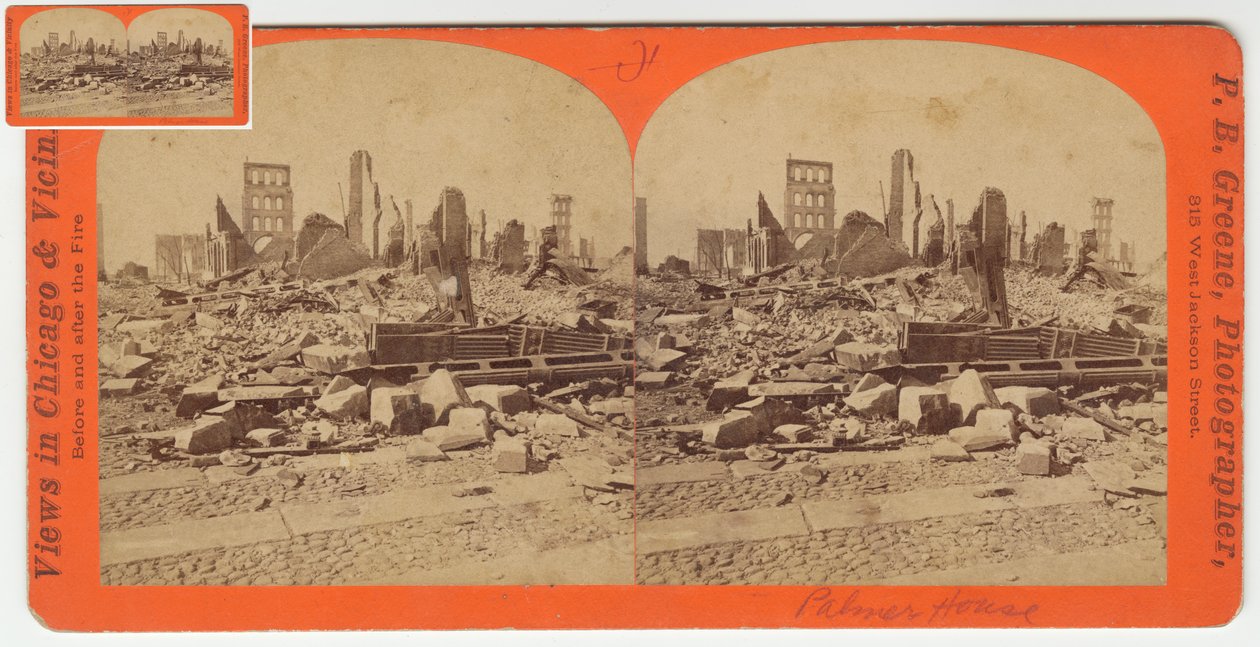 1871年、1871年のシカゴ火災後のパーマーハウスの立体写真（カードマウントのbw写真） 作： PBグリーン