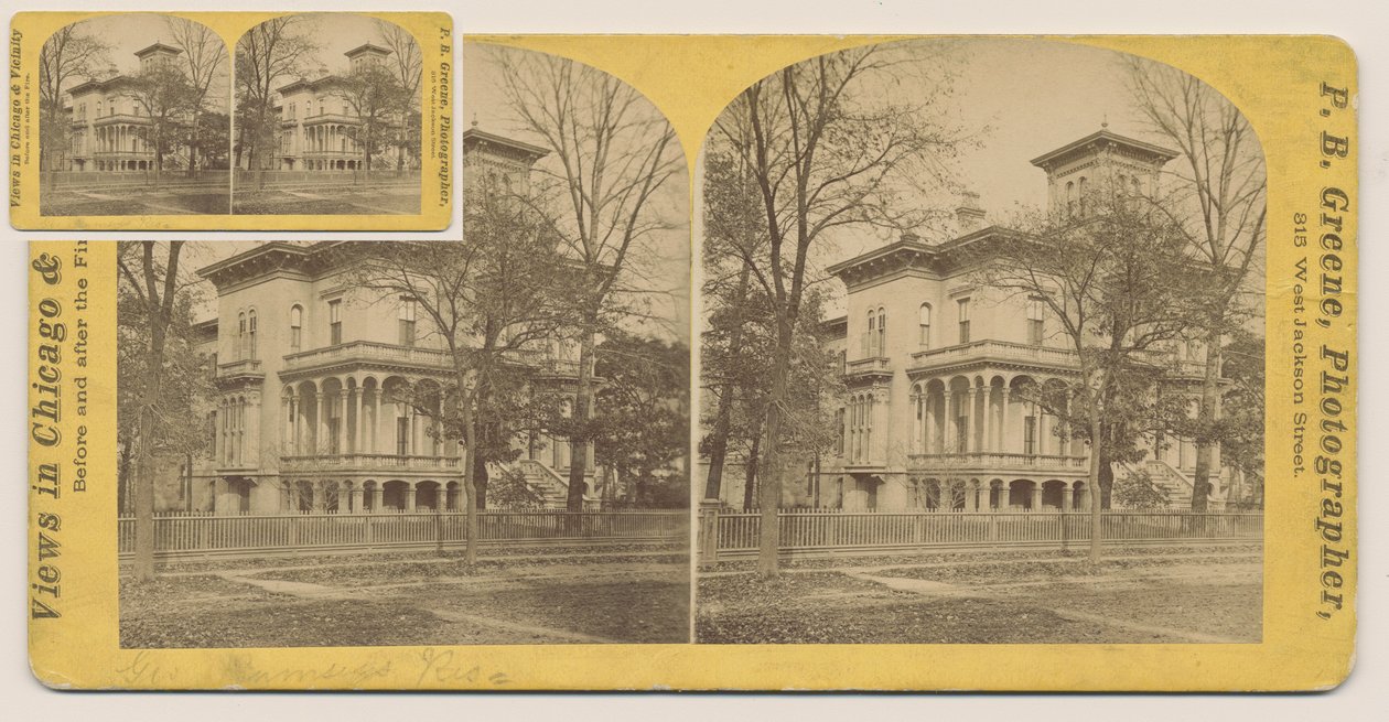 1871年、1871年のシカゴ火の前のラムジーハウスの立体写真（カードマウントのbw写真） 作： PBグリーン
