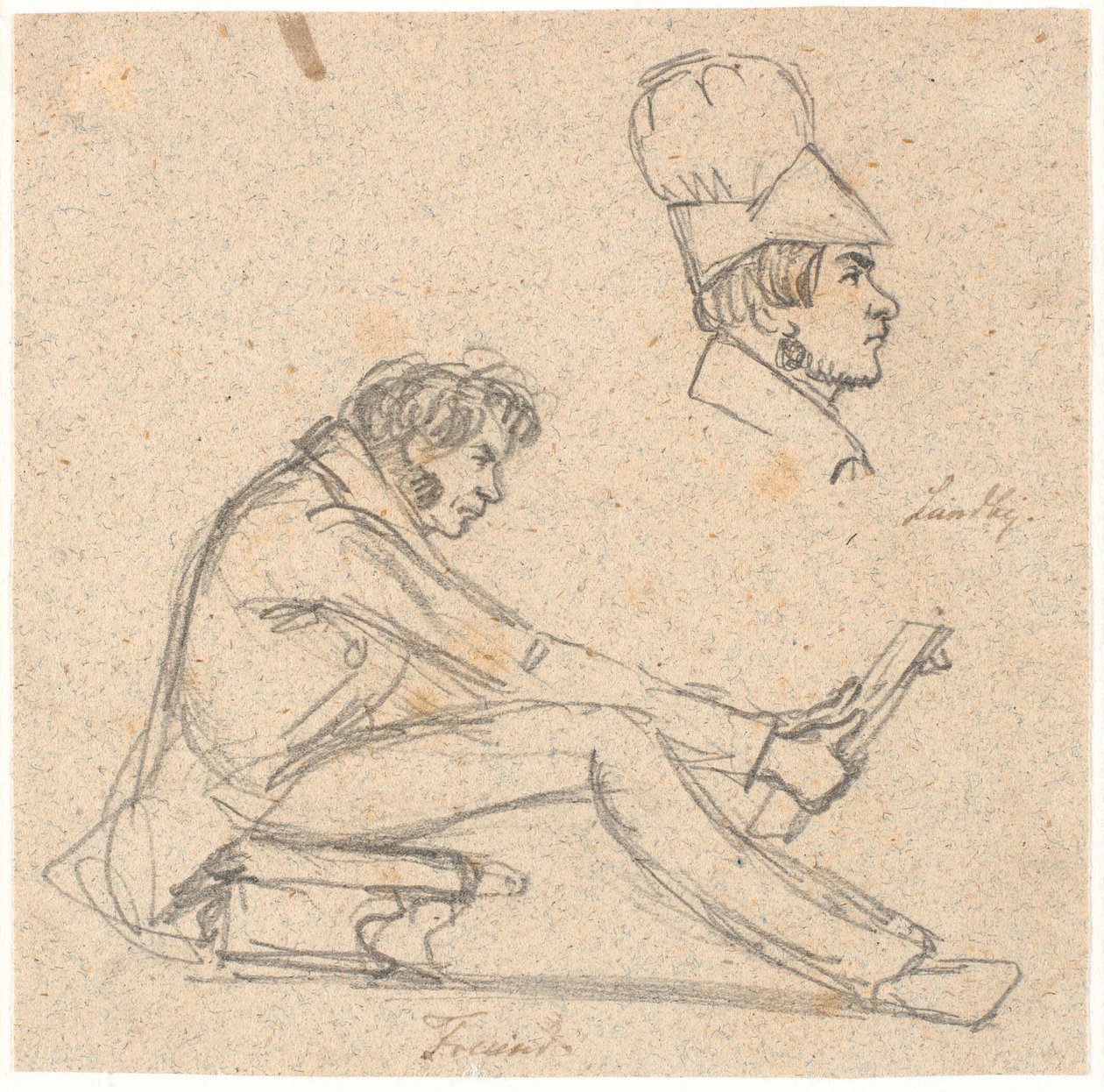 H.E. Freund siddende på en skammel og betragtende en tegning. Foroven t.h. profil portræt af J. Th. Lundbye.   1283162   ja       japanese Successfully Translated  Original: Ladies Trading on Their Own Bottom, October 5, 1810., October 5, 1810. Translat: L 作： PC Skovgaard