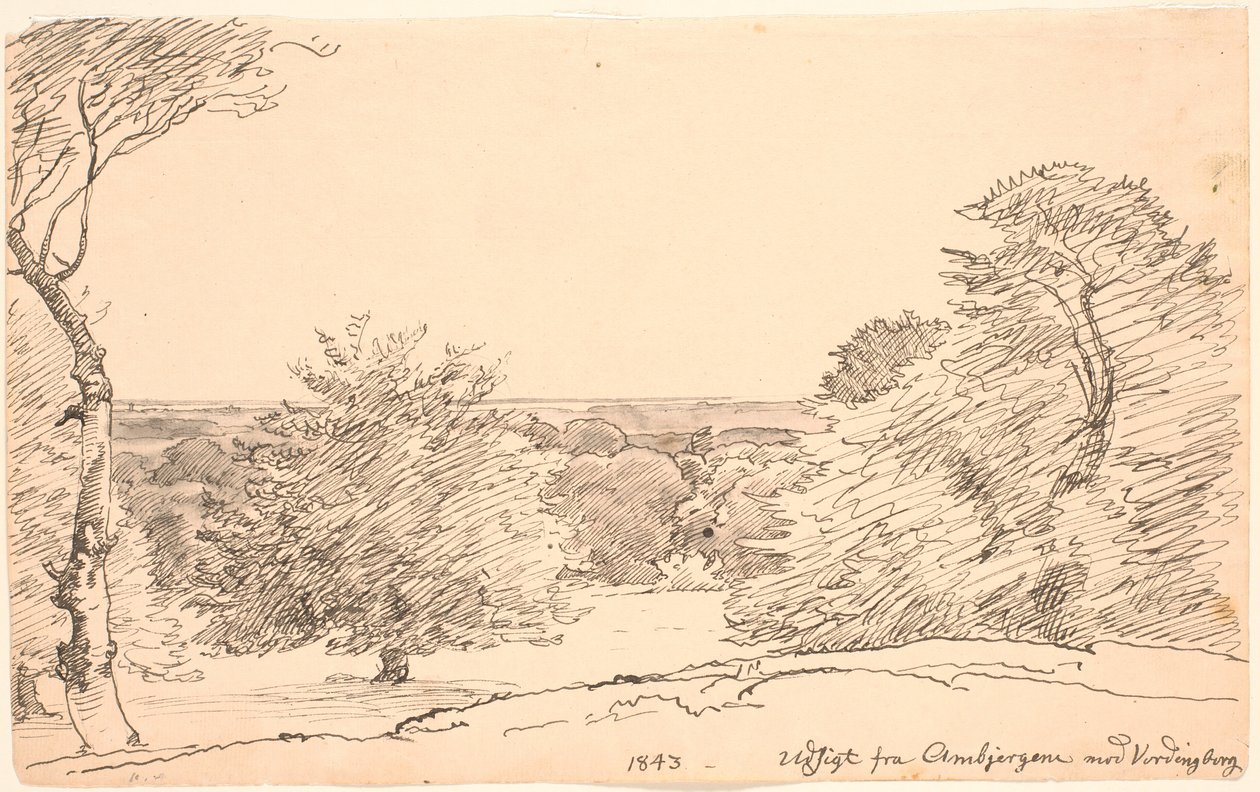 Ambjergene から Vordingborg に向かう木々と広い景色のある風景。 作： PC Skovgaard