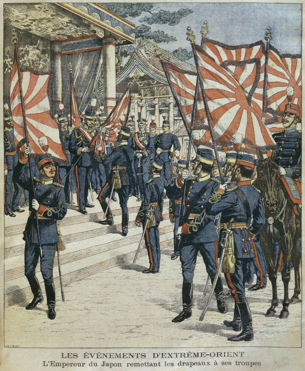 1904年3月6日、「ルプチジャーナルサプリメントイラストレーター」のイラストを使用した、軍隊に旗を与えた天皇陛下の日本皇帝 作： PHGVミシェル