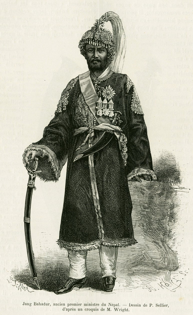 ジャン・バハドウール（1816-1877）、ネパールの首相。エドゥアール・シャルトン（1807-1890）が監督した「le tour du monde 1886」に収録されているギュスターヴ・ル・ボン博士（1841-1931）の「Voyage au Nepal」の物語を説明するためのP.Sellierによるエングレーヴィング。 作： P.（後）セリエ