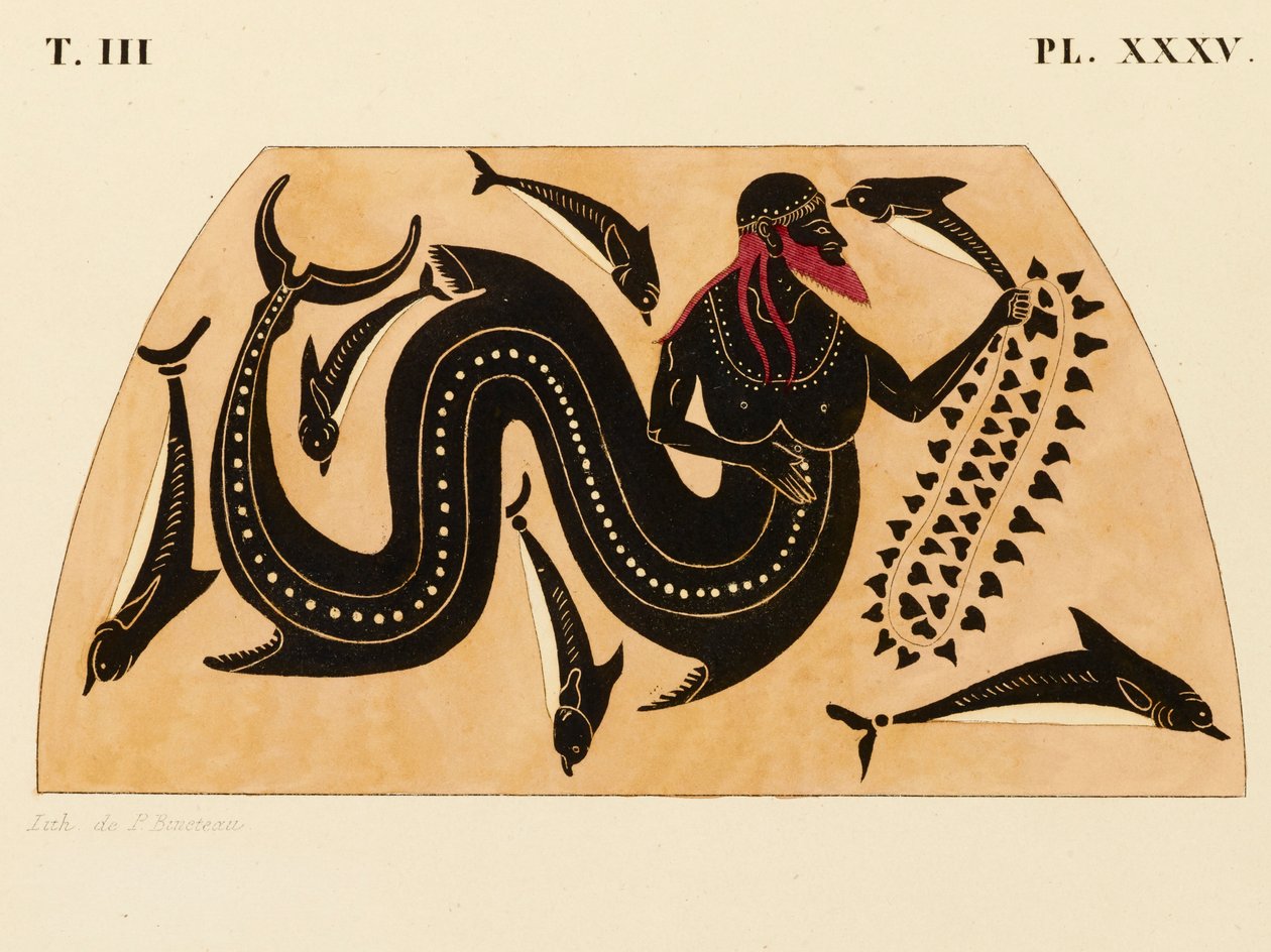 ギリシアのアンフォラに描かれたポセイドンとイルカの装飾の版画、1858年頃（水彩・ボディカラー・リトグラフ・紙 作： P.ビネトー