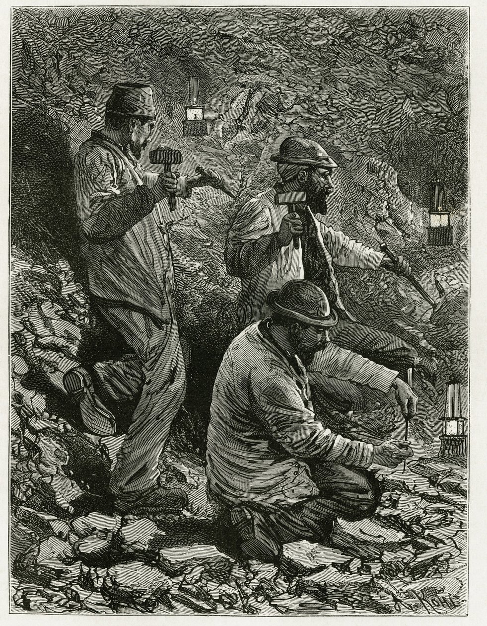 石炭を鉱脈に取り出す坑夫たち。ベルギーの作家、カミーユ・ルモニエ（1844-1913）の物語「ベルギー」を説明するためのフェラートの版画。Edouard Charton（1807～）編集のLe Tour du monde, nouveau journal des voyages, second semester 1884に掲載。 作： P.フェラト