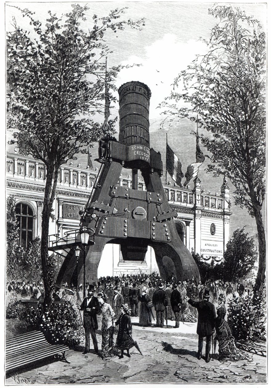 1878年のパリの万国博覧会：1878年のシャンドマルスでのルクルーゾパワーハンマー 作： P.フェラト