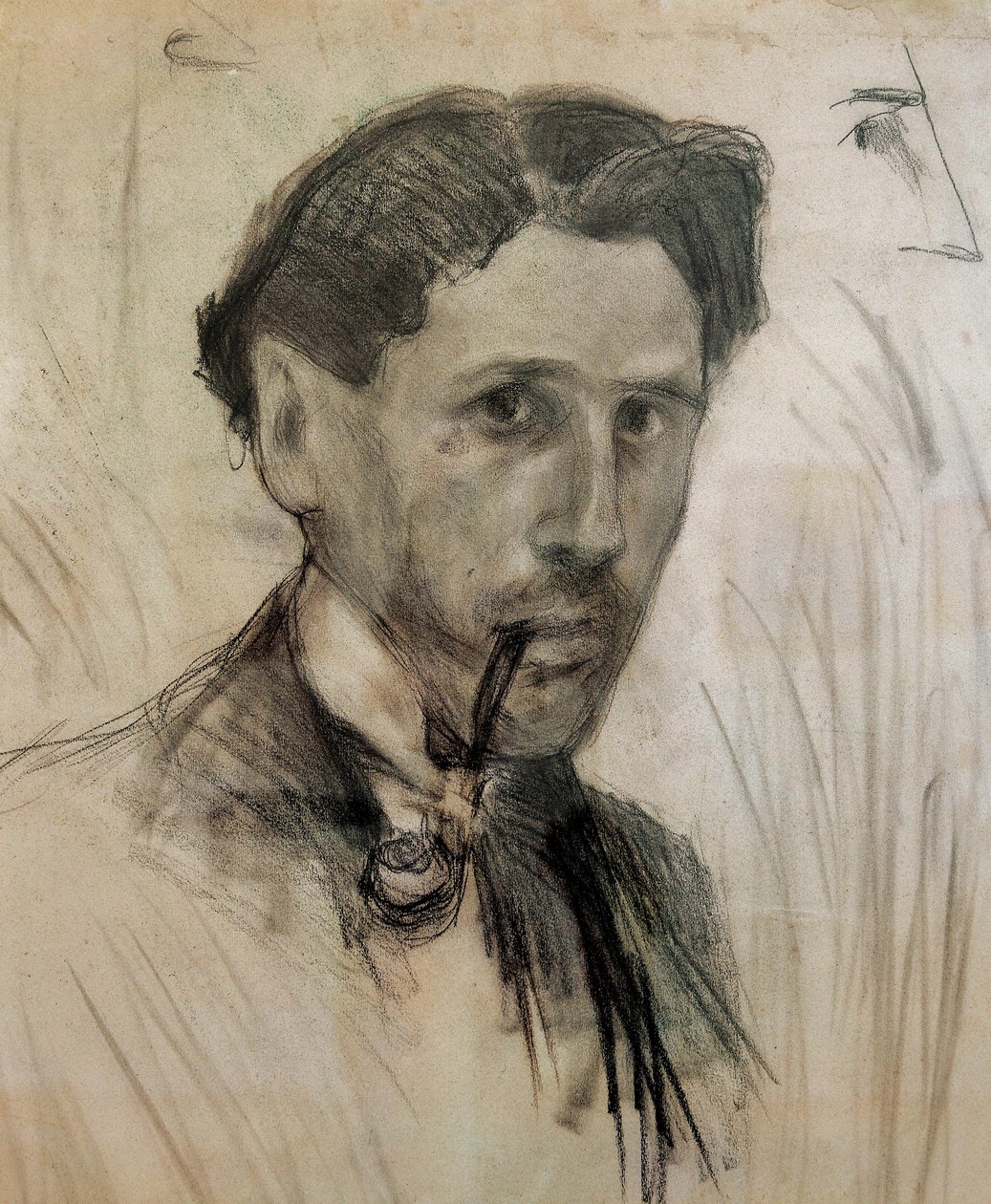 パブロ・ガルガロ（1881-1934）の木炭画「パイプを持つ自画像」。1901 作： パブロ・ガルガロ