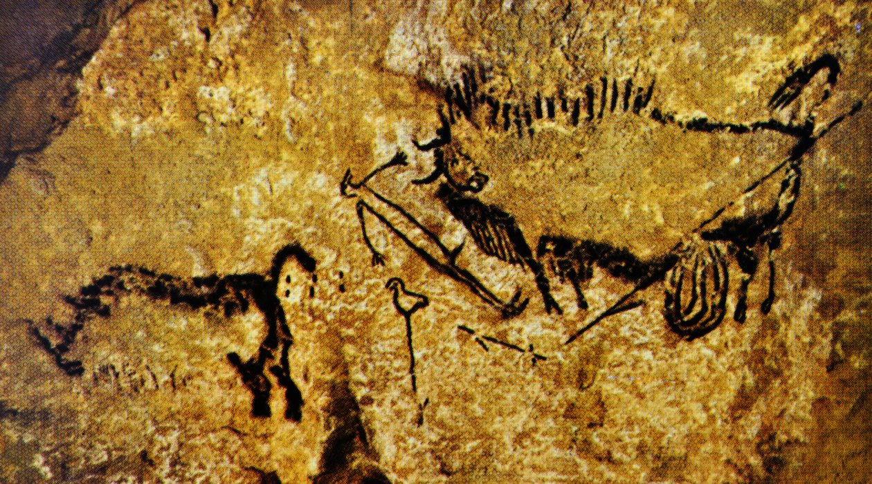 傷ついたバイソン、傷ついた人間とウーリーサイ、ラスコー（洞窟壁画） 作： 旧石器時代旧石器時代