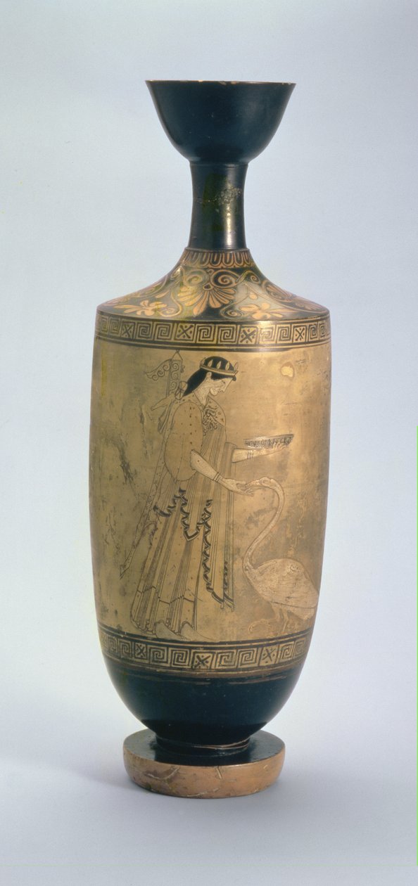 アルティミスと白鳥がいる屋根裏の白地のレキトス、紀元前490年頃（セラミック） 作： パンの画家