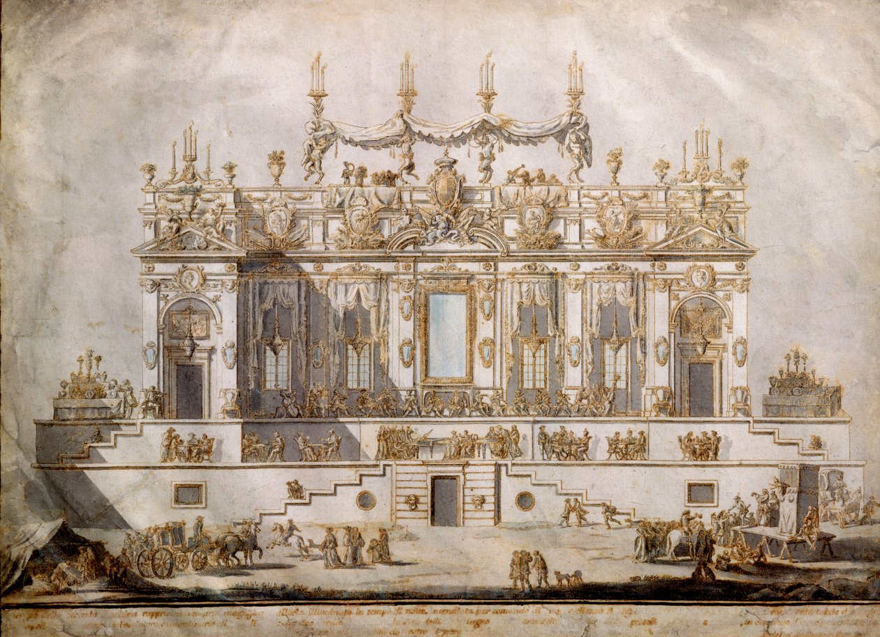 グランドハウスの断面、フェスタデッラチネアのデザイン、G。パラッツィ（c.1740-76）、1764年（ペンとインク、紙の上で洗う） 作： パオロ・ポジ
