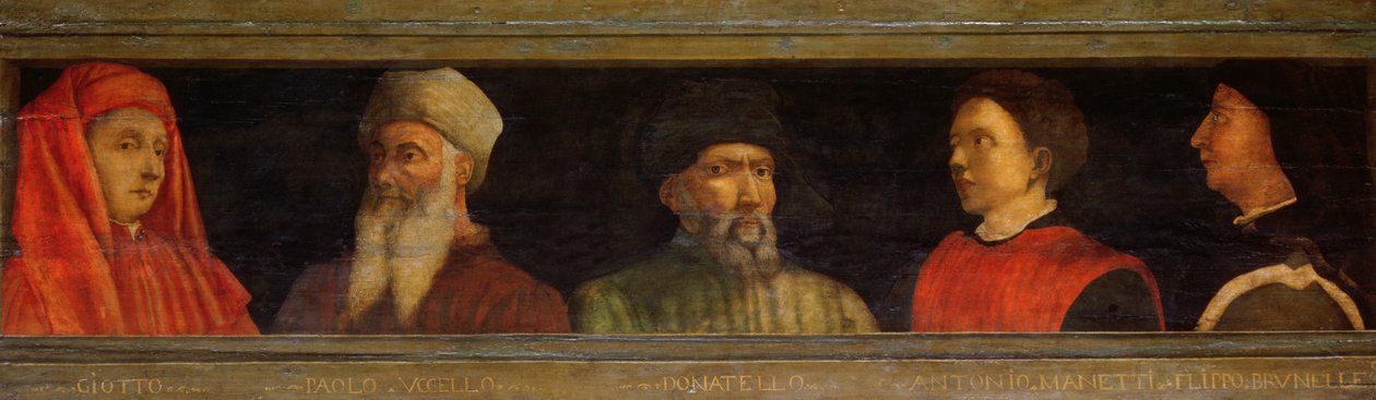 ジョットの肖像（c.1266-1337）ウチェッロ、ドナテッロ（c.1386-1466）マネッティ（c.1405-60）とブルネレスキ（1377-1446）（パネル上のテンペラ） 作： パオロ・ウチェッロ