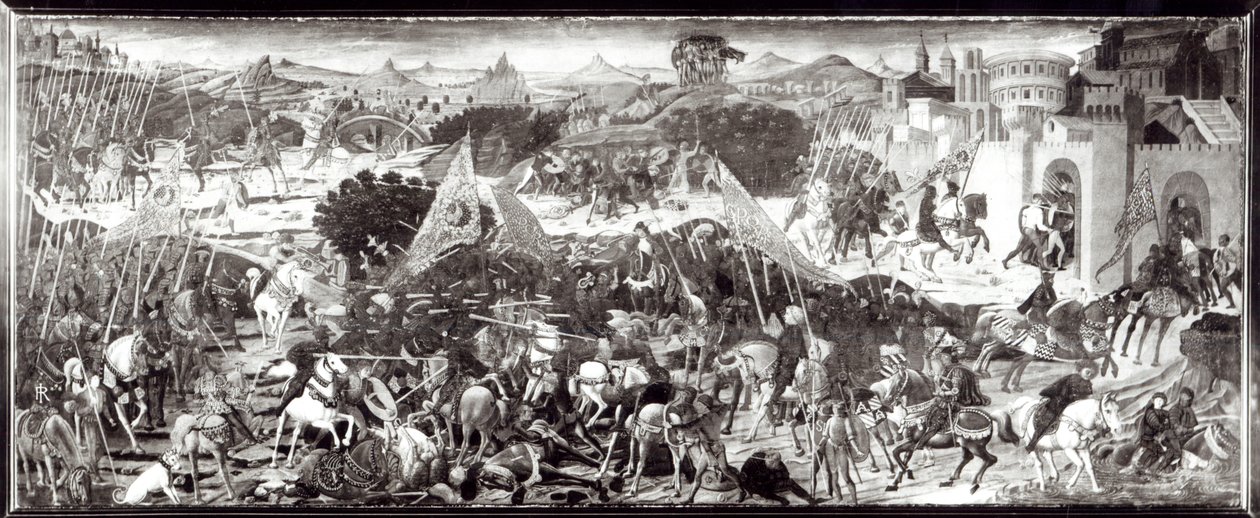 ローマ人とガリア人の戦い、またはローマの門の前での戦い（パネル上のテンペラ） 作： パオロ・ウチェッロ