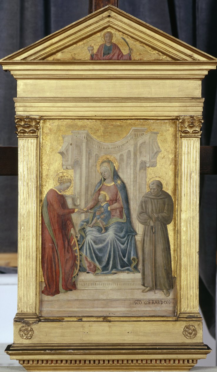 聖母マリアと子供および聖人のゲルハルトとカタリーナ、1450年頃（ポプラの木のテンペラ） 作： パオロ・ディ・ステファノ・バダロニ・シャボ
