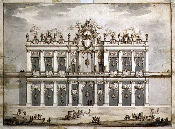 1766年の「フェスタ・デッラ・チネア」のためと思われるファサードのデザイン（ペン、茶インク、紙にウォッシュ） 作： パオロ・ポジ