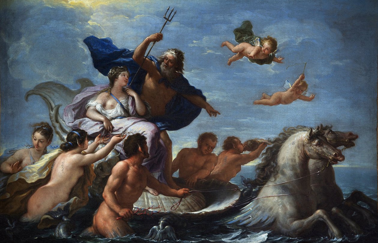 De Matteis, Paolo (1662-1728) ネプチューンとアンフィトリテの凱旋 油彩・キャンバス バロック期のイタリア、ナープル派 ボルディゲーラのヴィラ・マルゲリータ 51x76 絵画 作： パオロ・ディ・マッテイス