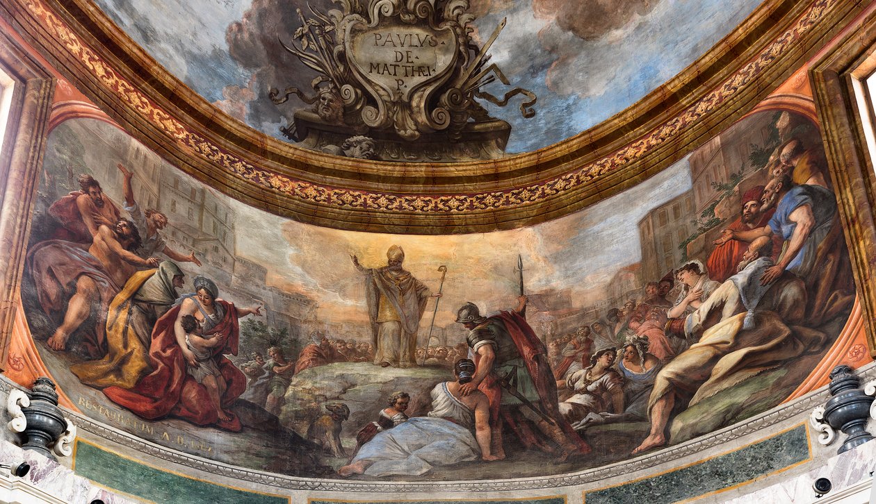 イタリア、タラント、大聖堂のサン・カタルド礼拝堂、丸天井と太鼓に描かれた1714年のパオロ・デ・マッテイ作の聖人の生涯を描いたフレスコ画（写真）。 作： パオロ・ディ・マッテイス