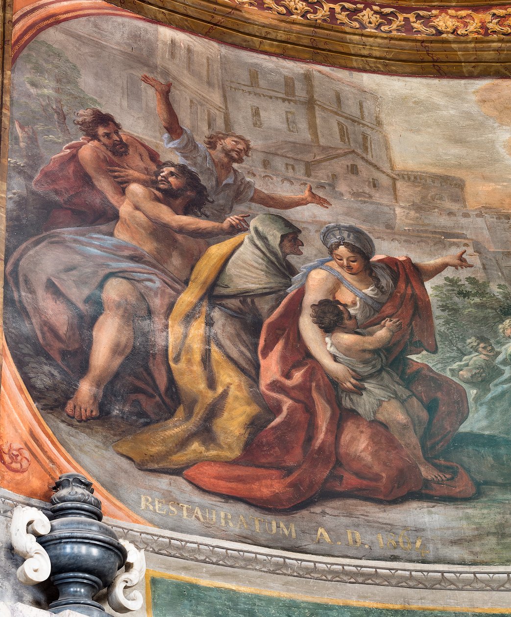 イタリア、タラント、大聖堂のサン・カタルド礼拝堂、丸天井と太鼓に描かれた1714年のパオロ・デ・マッテイ作の聖人の生涯を描いたフレスコ画（写真）。 作： パオロ・ディ・マッテイス