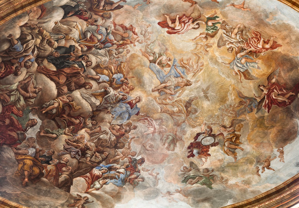 イタリア、タラント、大聖堂のサン・カタルド礼拝堂、丸天井と太鼓に描かれた1714年のパオロ・デ・マッテイ作の聖人の生涯を描いたフレスコ画（写真）。 作： パオロ・ディ・マッテイス