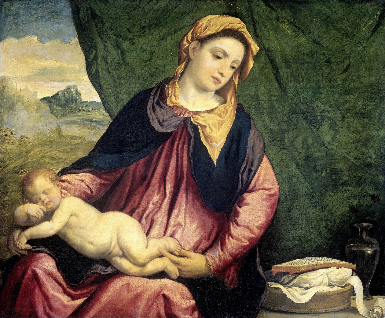 1540年から1560年の間に眠っている子供を持つマドンナ 作： パリ・ボルドーネ