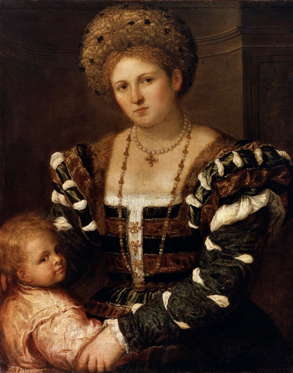 1530年代の少年を持つ女性の肖像 作： パリ・ボルドーネ