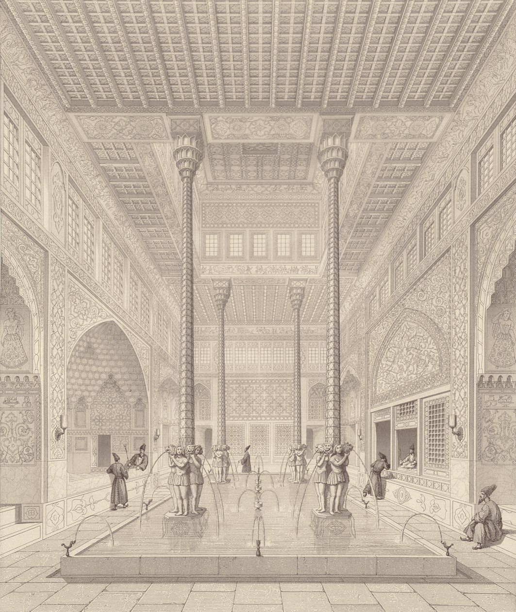 クロード・ソヴァージョ（1832-85）とジャン・シャルル・フゲ（1856）によって彫刻されたペルシャの近代モニュメントのイスファハーン、チャールバッハ宮殿の内部 作： コステの後のパスカルザビエル