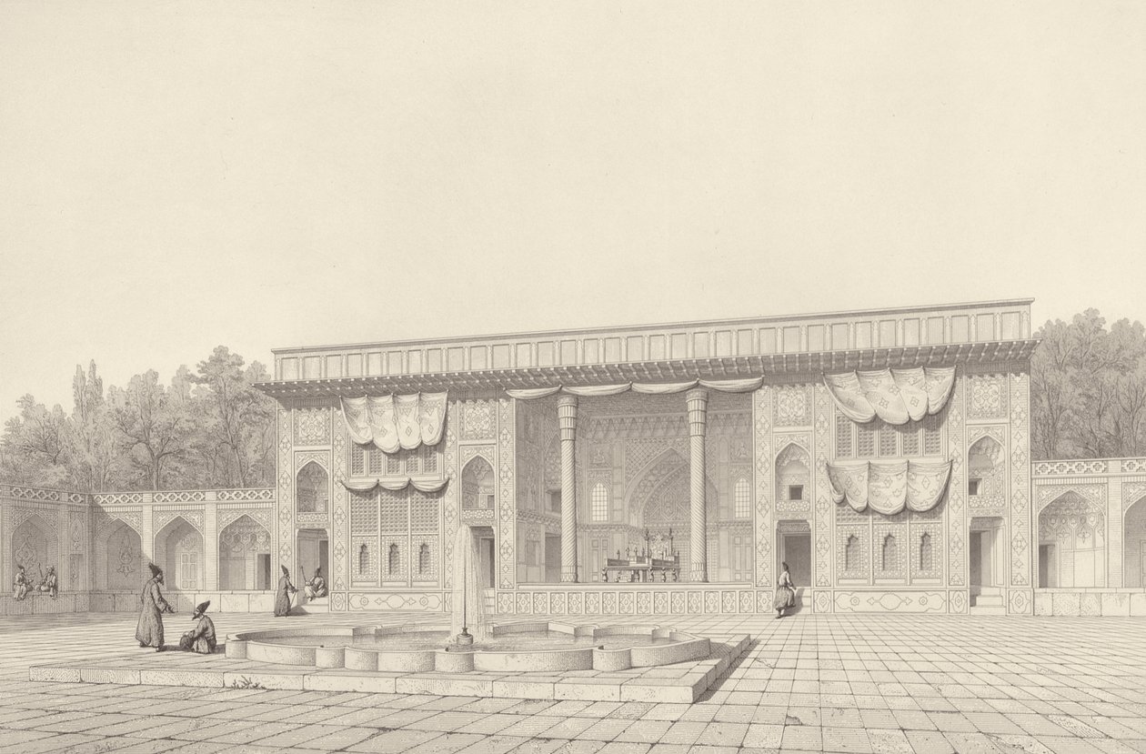1856年、パリのルメルシエによって発行されたクロードソバジョ（1832-85）によって刻まれたペルシアの航海ピトレスクからのテヘランの王位パビリオン 作： コステの後のパスカルザビエル