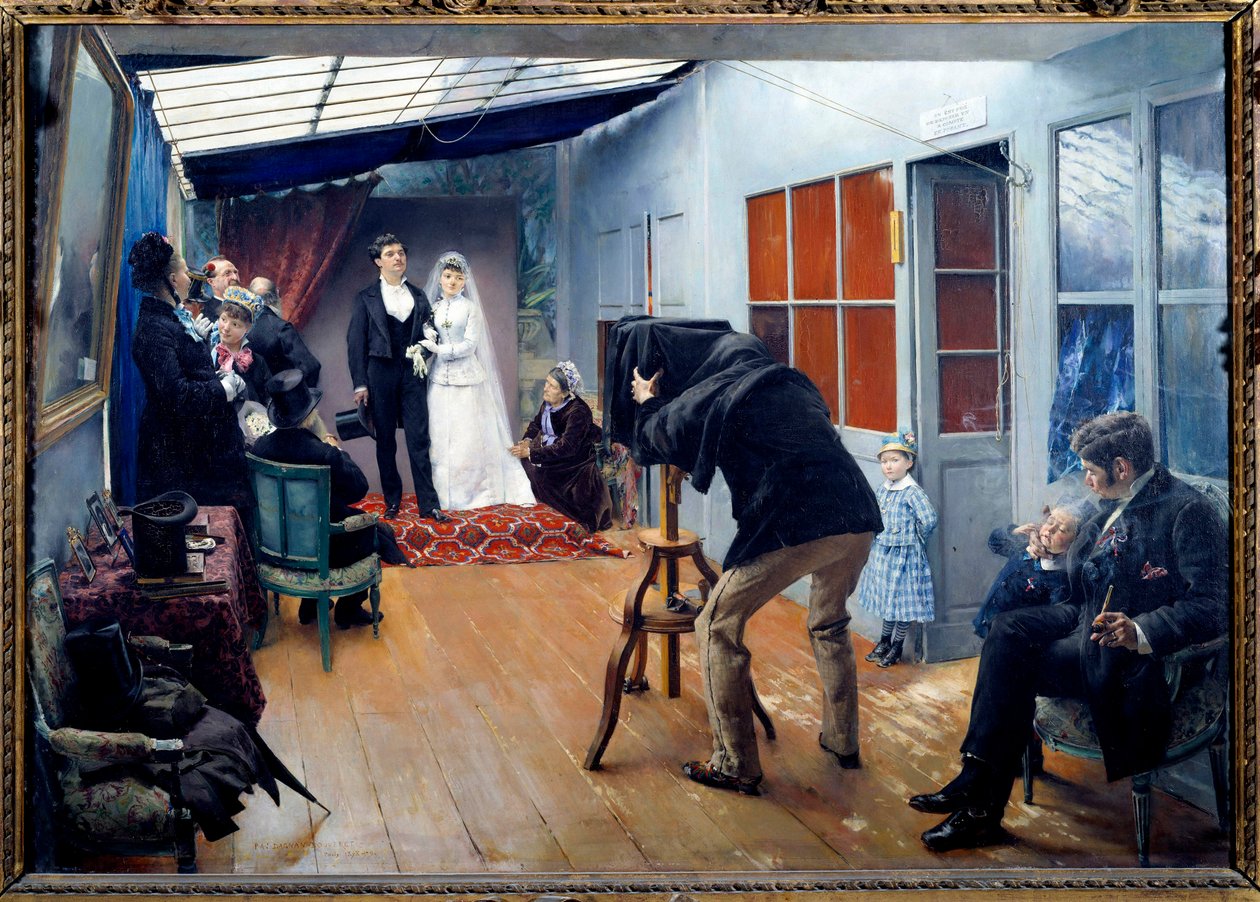 1879年の写真家との結婚式 写真家のスタジオでポーズをとる若い花嫁のカップル。パスカル・アドルフ・ジャン・ダニャン・ブーベレ（1852-1929）の絵画 1879年 日0,85x1,22 m Lyon, musee des Beaux Arts - 写真家のスタジオでの結婚パーティー 作： パスカル・アドルフ ジャン・ダニャン・ブーベレ