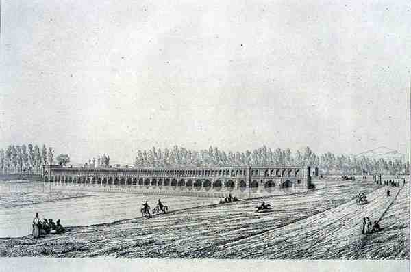 イスファハンのアラー・ヴェルディ・ハーン橋（Claude Sauvageot（1832-85）が彫刻したペルシャの「Voyage Pittoresque」より） パリのLemercier社から出版された。 作： パスカルザビエル（後）コステ