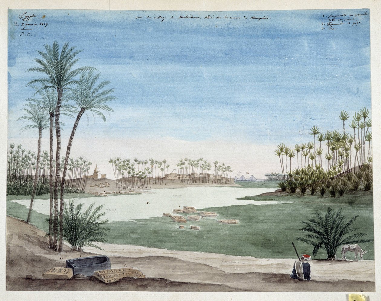 エジプト: メンフィス近くのメトリハムの村の眺め。 1819年 パスカル・コステ (1787-1879) による素描 地中海考古学博物館、マルセイユ 作： パスカルザビエル（後）コステ