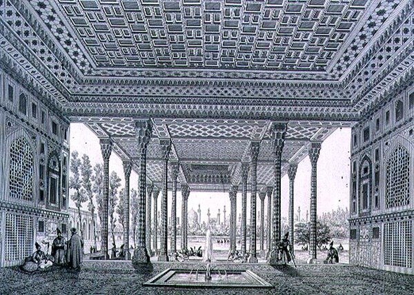 イスファハンの鏡のパビリオンの内観、クロード・ソーヴァジョ（1832-85）とジャン・シャルル・ユゲが彫刻した「ペルシャの近代建造物」の35番プレート 作： パスカルザビエル（後）コステ