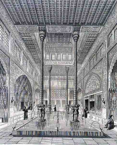 イスファハンのチャハル・バーグ宮殿の内部（Claude Sauvageot（1832-85）とJean Charles Huguet（b.1815）が彫刻したペルシャの「Voyage Pittoresque」より）パリのLemercier社から出版された。 作： パスカルザビエル（後）コステ