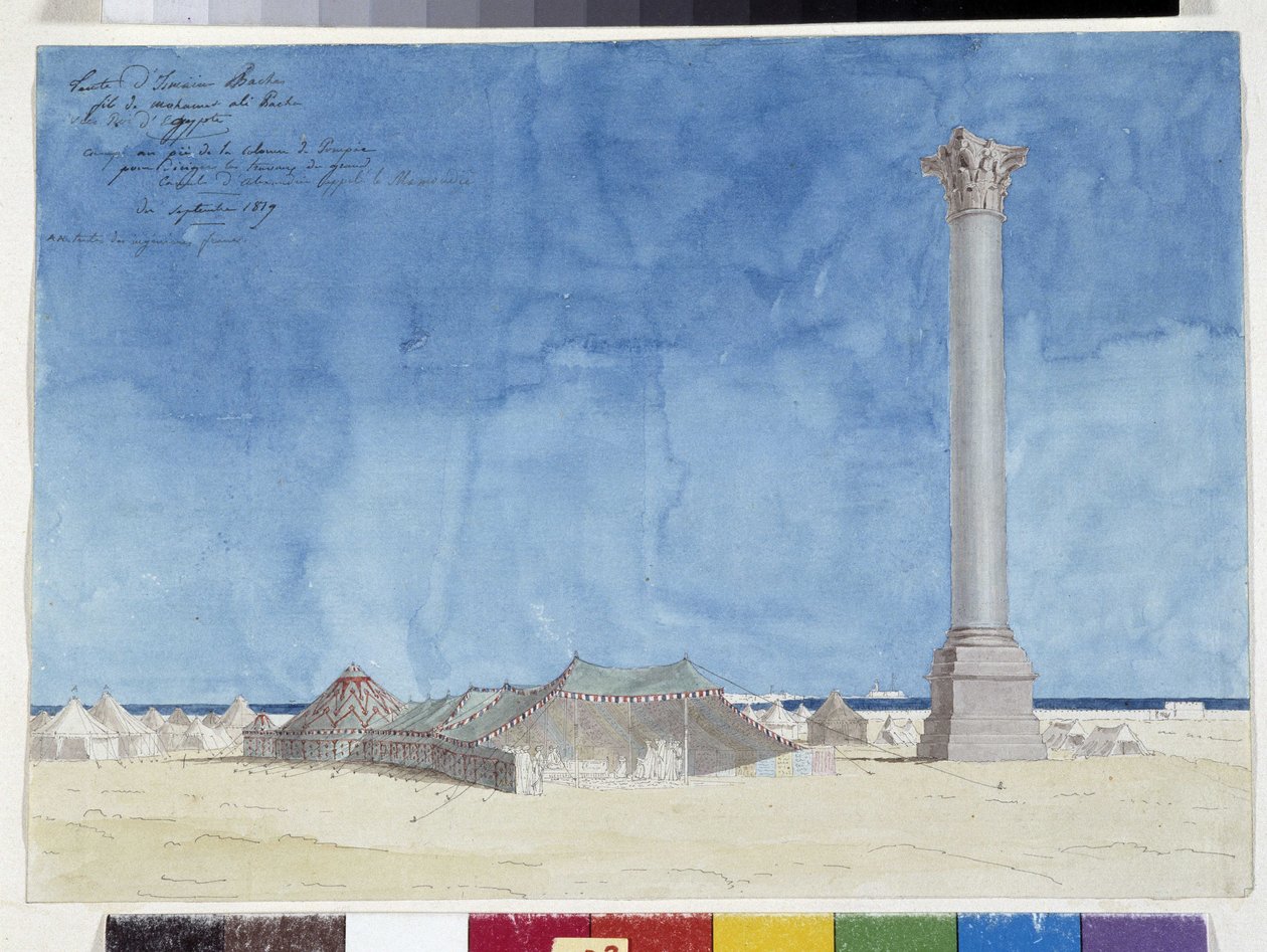 テント、ポンペの柱のふもとでキャンプ。 パスカル コステ (1787-1879) の素描、マルセイユ市立図書館 作： パスカルザビエル（後）コステ