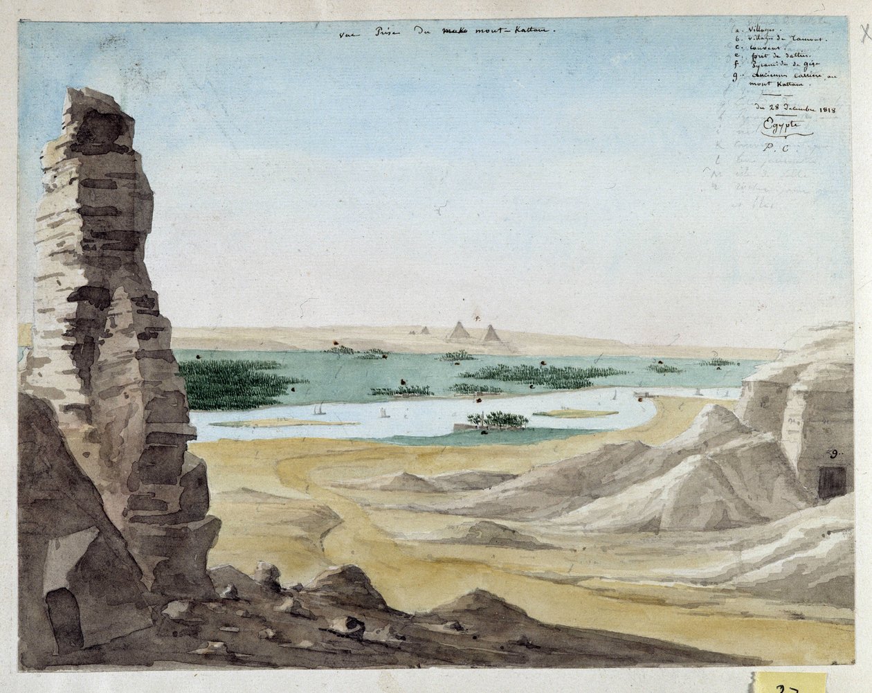 勝丹山からの眺め。 エジプト。 1818年 パスカル・コステ (1787-1879) によるデッサン 地中海考古学博物館、マルセイユ 作： パスカルザビエル（後）コステ