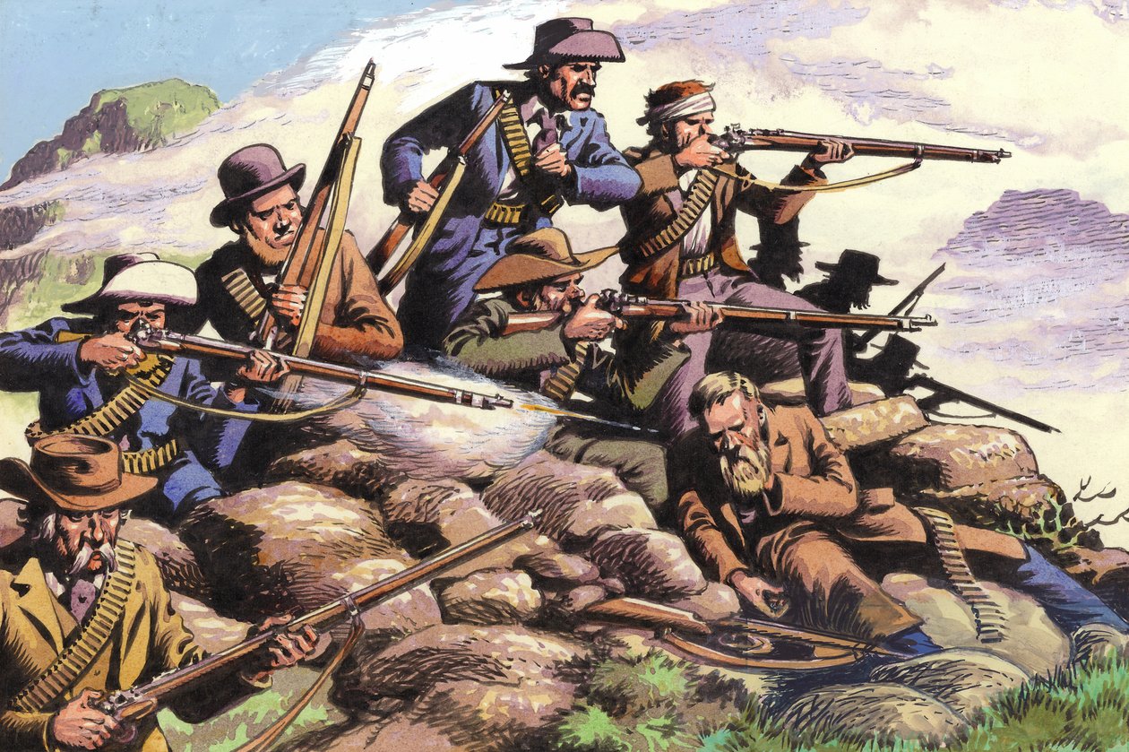 1880年、第一次ボーア戦争時、マジュバの丘で戦うトランスヴァールのボーア人（紙にグワッシュ） 作： パット（1907-95）ニコル