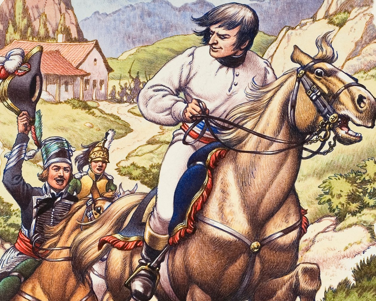 オーストリアの騎兵隊が間近に迫る中、危なげなく逃げ切るナポレオン 作： パット (1907-95) ニコル