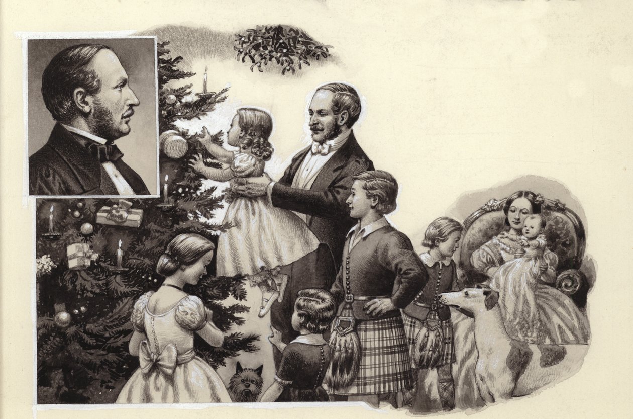 アルバート公と王室のクリスマスツリー（紙にグワッシュ） 作： パット（1907-95）ニコル
