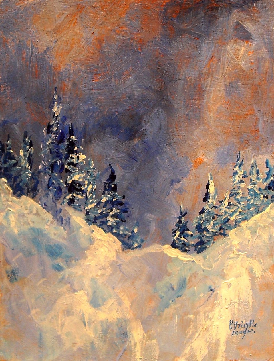雪の峰の霧、2009、（木にアクリル） 作： パトリシア・ブリントル